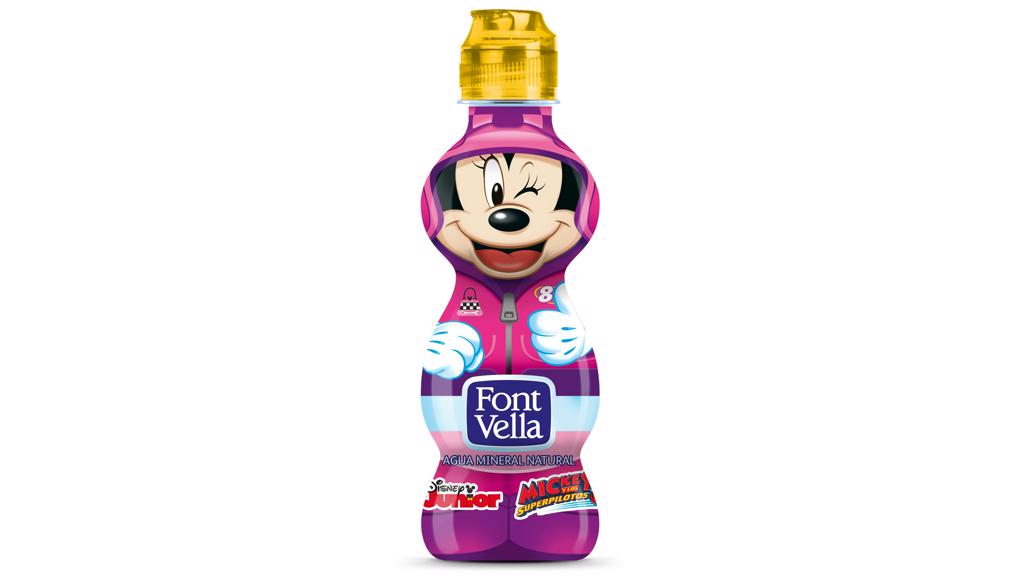 Petite bouteille de Font Vella avec Minnie sur le packshot 一小瓶Font Vella,包装上有Minnie