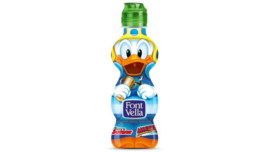 Petite bouteille de Font Vella avec Donald sur le packshot 一小瓶Font Vella和Donald在包装上