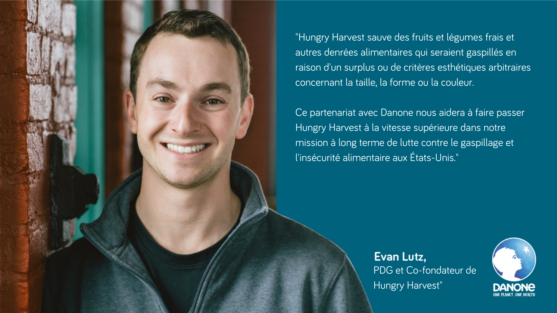 Portrait et citation de Evan Lutz, PDG et Co-fondateur de "Hungry Harvest" Evan Lutz的肖像和引用,首席执行官兼联合创始人饥饿收获&34;